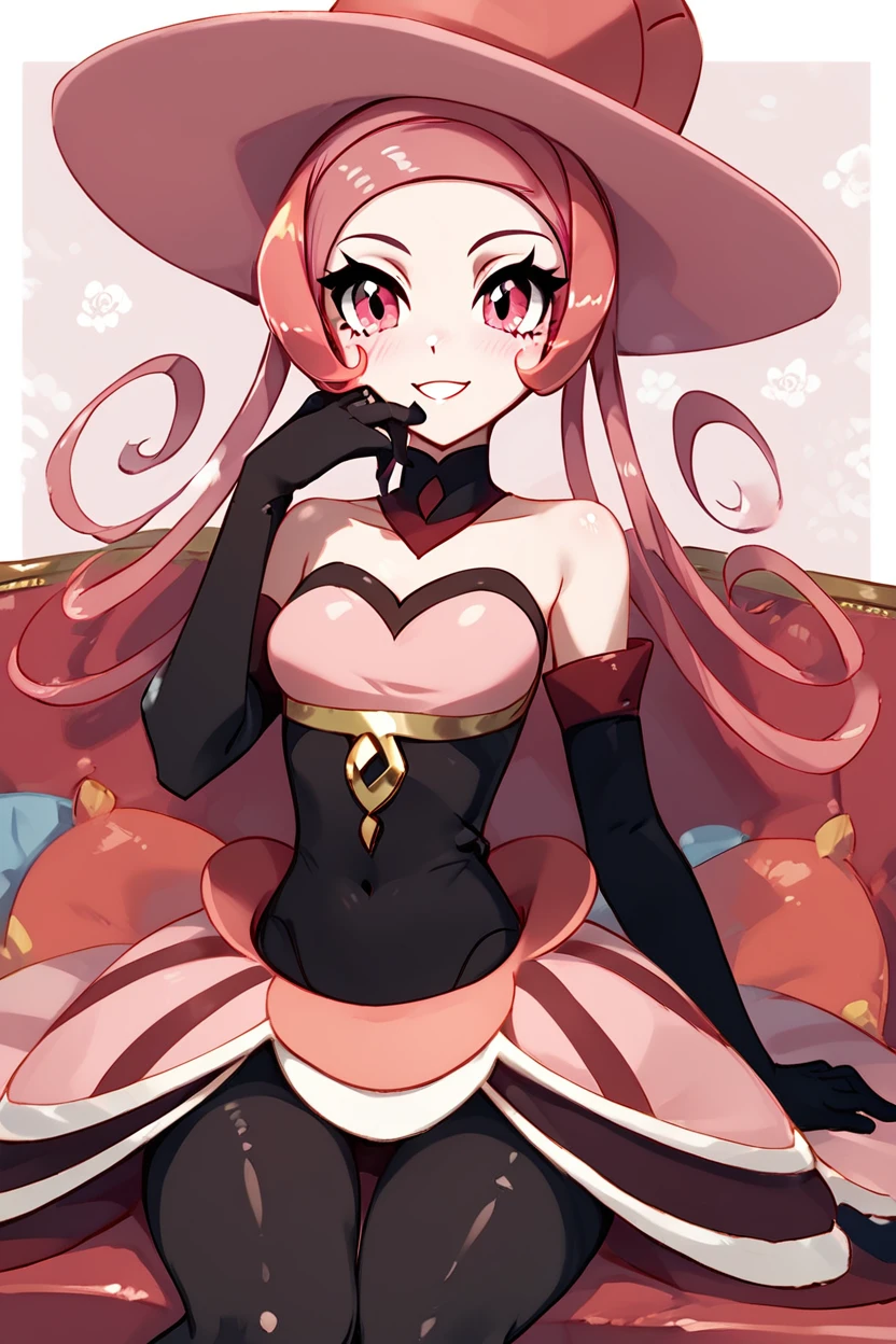 score_9, score_8_up, score_8, medium breasts, (curvy), cute, eyelashes,       ,,, , ,,,  zzDana, pink eyes, curly hair, long hair, pink hair, pink dress, elbow gloves, bare shoulders, black gloves, pink hat,  <lora:Dana_Pokemon_PDXL:1.0>,    ,,,, BREAK, ,,, smile, looking at viewer, blush, blurry, couch, sitting, ,,, shiny skin, <lora:ProAnime_PDXL_v1:0.7>, ,,, embedding:zPDXL, Expressiveh, <lora:SDXLFaeTastic2400:0.5>, <lora:Expressive_H-000001:0.4>,