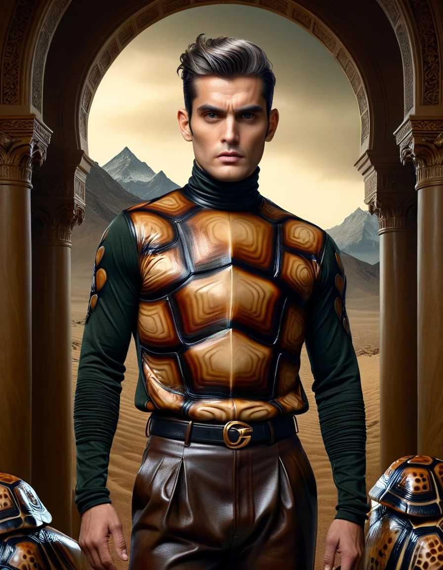 Natural parks travel poster of a Flimsy heavyset (ral-trtlshl:1.3) , eyebrows of Greed, he is wearing Bangladeshi Turtleneck and leather pants, his Turtleneck and leather pants is Pleated, Beckoning, his hair is Gray and styled as Undercut, Pipe, Aurora Australis background, weird fiction, mythological and allegorical themes, haunting, dark surrealism, Golden Age illustration, in haute couture, Orientalist painting, gritty, <lora:ral-trtlshl:1>, beautiful detailed, great light, luxurious sharp focus, dynamic composition, magical atmosphere