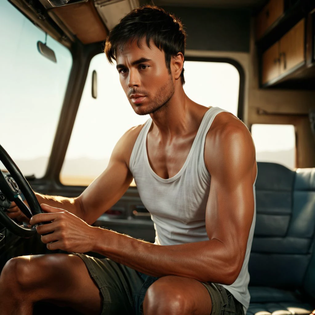 low camera shot, Enrique Iglesias a man <lora:Enrique-Iglesias:1>, rugged,detailed face, sitting legs crossed inside cabin lorry, legs dangling, wearing tank top, sunlight, barefoot, masterpiece,8k,depth of field, bokeh, detailed,sharp focus,,elegant, cinematic lighting, ,photorealistic, taken using a Leica SL2 & the APO-Summicron-SL 28 f/2 ASPH lens, shutter speed 1/200s, ISO 100 and natural light, Hyper Realistic Photography, Cinematic, Cinema, Hyperdetail, UHD, Color Correction, hdr, color grading, hyper realistic CG animation ((remarkable color)), (ultra realistic), textured skin, remarkable detailed pupils, ((realistic dull skin noise)), ((visible skin detail)), ((skin fuzz)), shot with cinematic camera, 3D render, ((hyper realism)), sharp focus, cinematic lighting, photo realistic, hyper realistic. 4k, natural, global illumination, caustics, ratytracing, Unreal Engine, highly detailed, High dynamic range, vivid, rich details, clear shadows and highlights, realistic, intense, enhanced contrast, highly detailed <lora:add-detail-xl:1>