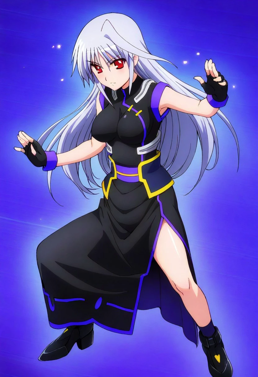 best quality, masterpiece, anime, 1girl, solo, Reinforce, long hair, white hair, single hair intake, red eye, long dress, black dress with purple trim, side slit, black gloves with purple trim, fingerless gloves, purple waistband, sleeveless dress, bare shoulders, black sock, black metal shoes, fighting stance