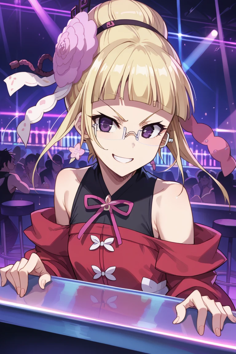 score_9,score_8_up,score_7_up,source_anime,BREAK
1girl, solo,
Mashiro, blonde hair, hair ornament, glasses, purple eyes, hair flower, bangs, blunt bangs, single hair bun, semi-rimless eyewear,
happy smile, dancing bar, disco, light, dark