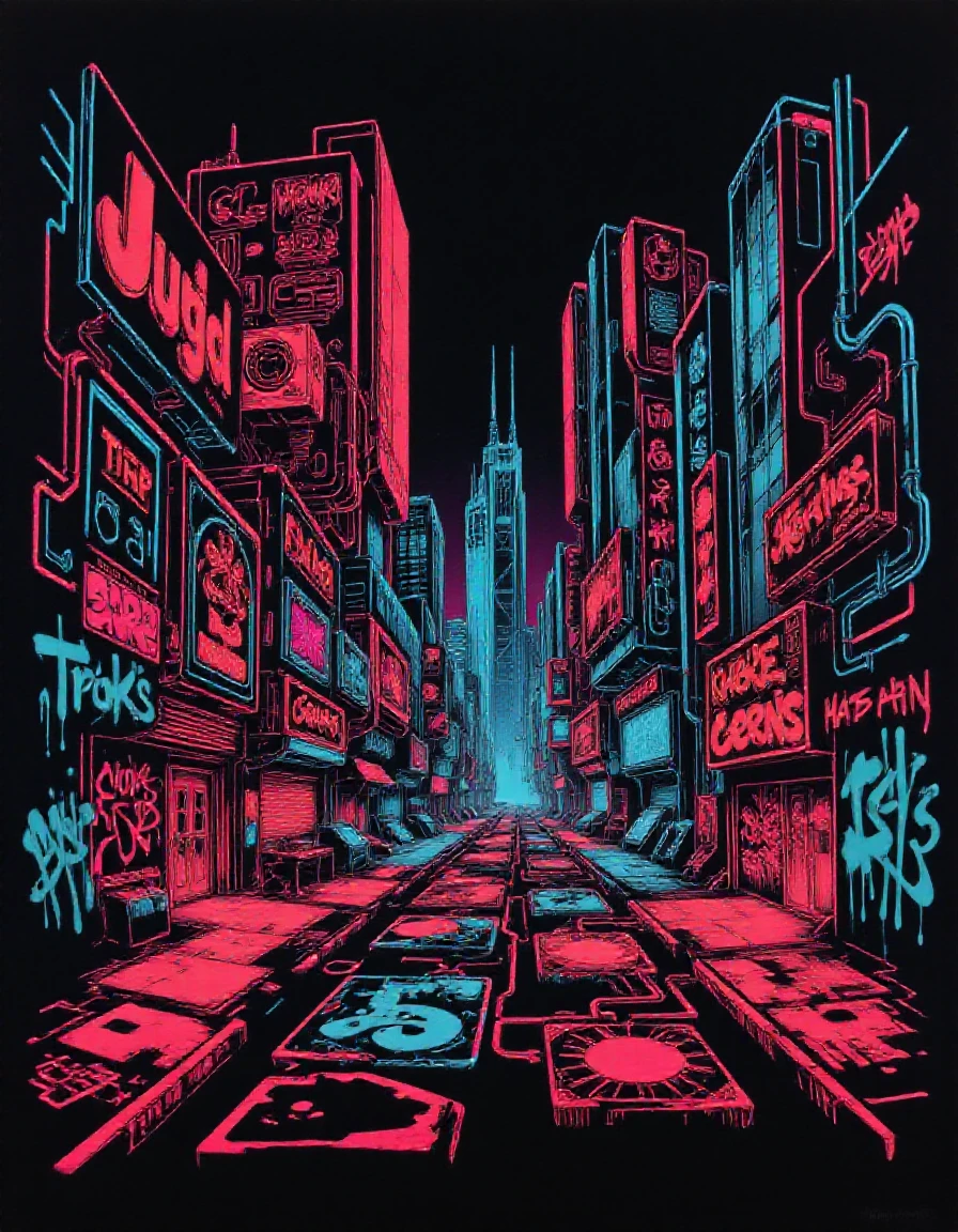 a neon lit  city  in the style of a mix between a mix of biopunk and retrofuturism with smooth detail in the style of Syd Mead and Rembrandt Lighting and Hard Edge Lighting Motion Blur , , utopian with smooth detail in the style of John Harris , Cinnamon Brown theme, Fuchsia outline, black background, graffiti, 2d, flat color,  <lora:Blacklight Graffiti Style Flux_epoch_25:1>