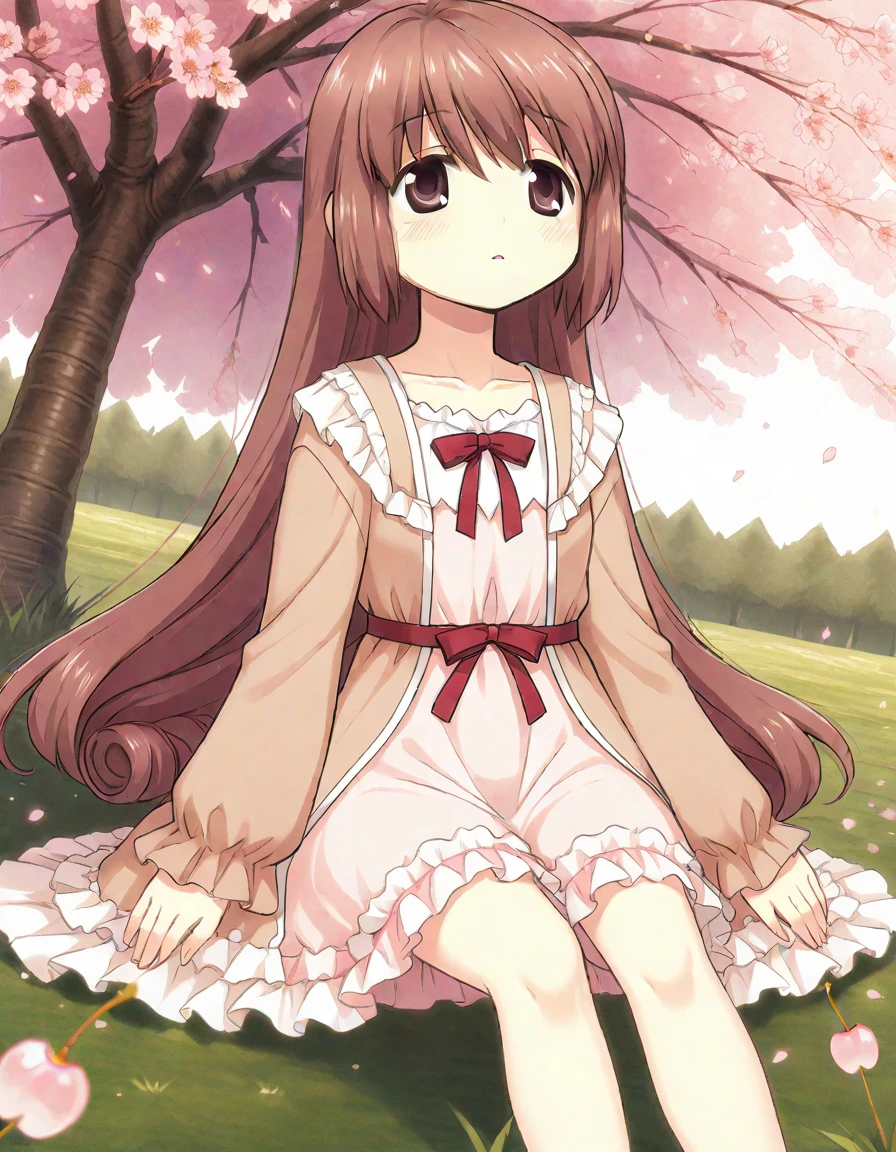 satomi touka, sleepwear, skirt, long hair, solo, sitting, looking up, grass field, cherry tree, dutch angle, <lora:20241029224843_satomi_touka_animagine-xl-3.1:0.7>