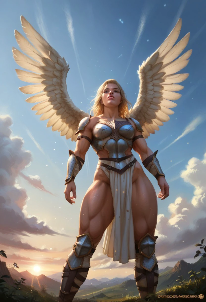 5pr1nkl3, score_9, score_7_up, score_6_up, 1girl, tall, muscular female, blonde hair, Valkyrie armor, wings, fying, sky, clouds, pose, backlighting, from below, particles,