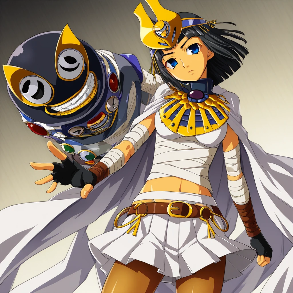 1girl, blue eyes, black hair, short hair, egyptian, hairband, sarashi, cape, necklace, bandage arms, fingerless gloves, banchou, pantyhose, belt, skirt, white skirt, pleated skirt,