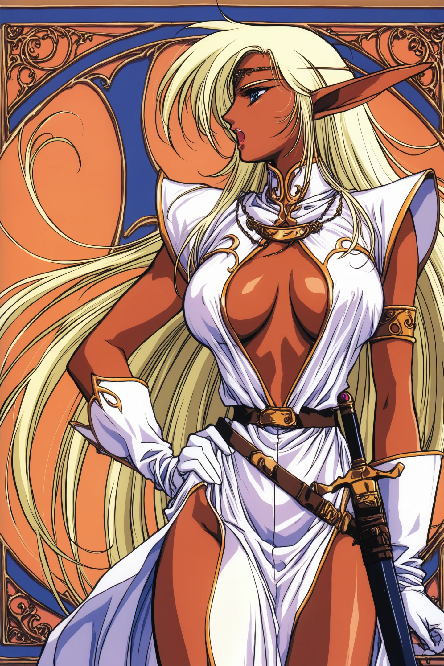 Pirotess,1girl,solo,long hair,elf,dark skin,breasts,pointy ears,dark-skinned female,very long hair,weapon,blonde hair,sword,gloves,armlet,center opening,belt,dark elf,lipstick,breasts apart,circlet,long pointy ears,hand on hip,retro artstyle,makeup,no bra,open mouth,cowboy shot,1990s (style),sheath,large breasts,blue eyes,profile,jewelry,open clothes,white gloves,standing,sheathed,looking away,cleavage,dress,orange background,clothing cutout,
<lora:yuuki nobuteru_illustriousXL:0.8>,