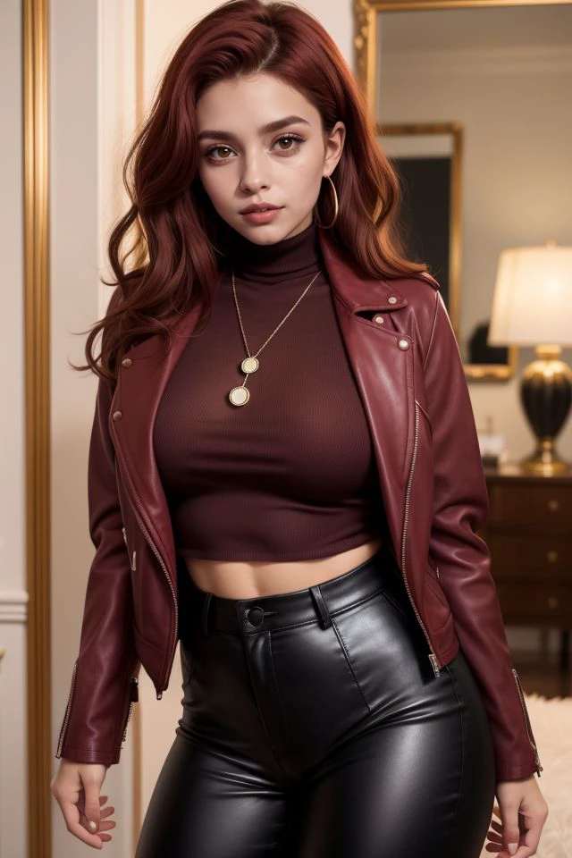 A young Brazilian girl, 19 years old, with voluminous natural red curls framing her face, wearing a small gemstone pendant, medium breasts, dressed in a burgundy faux leather jacket, over a fitted black turtleneck sweater, and black high-waisted trousers, projecting sophistication and strength, bold lipstick adds to the formal, stylish look.