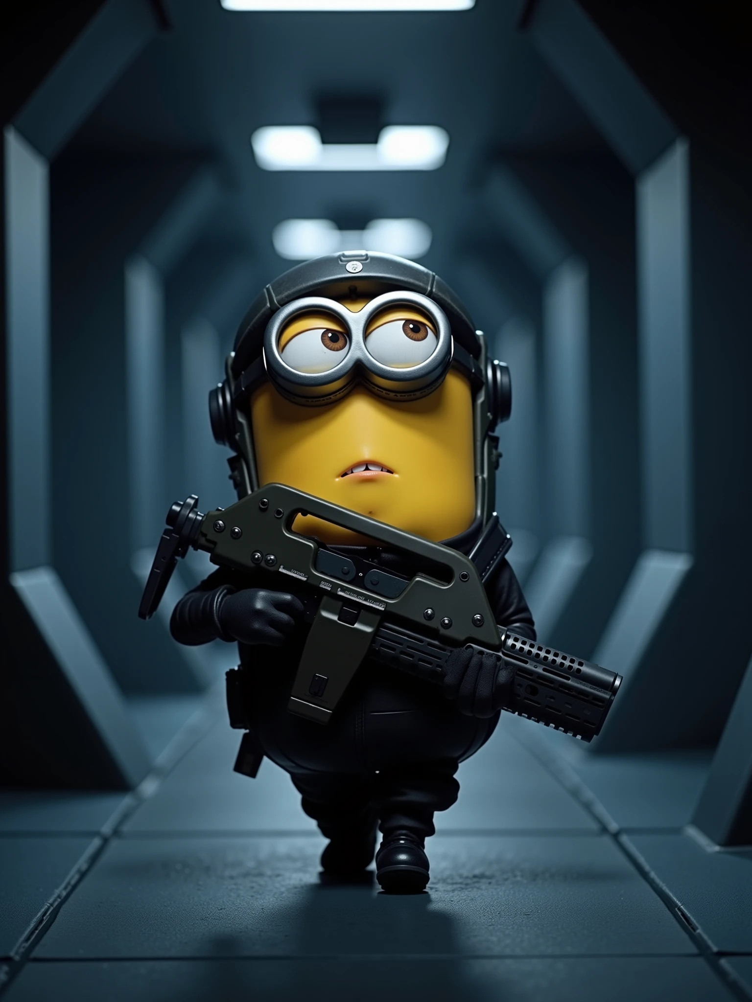 a minion holding a mad-srgns m41a rifle walking through a dark spaceship hallway,  wearing a futuristic jumpsuit, the minion looks scared, pixar style <lora:M41A_FLUX:0.9>