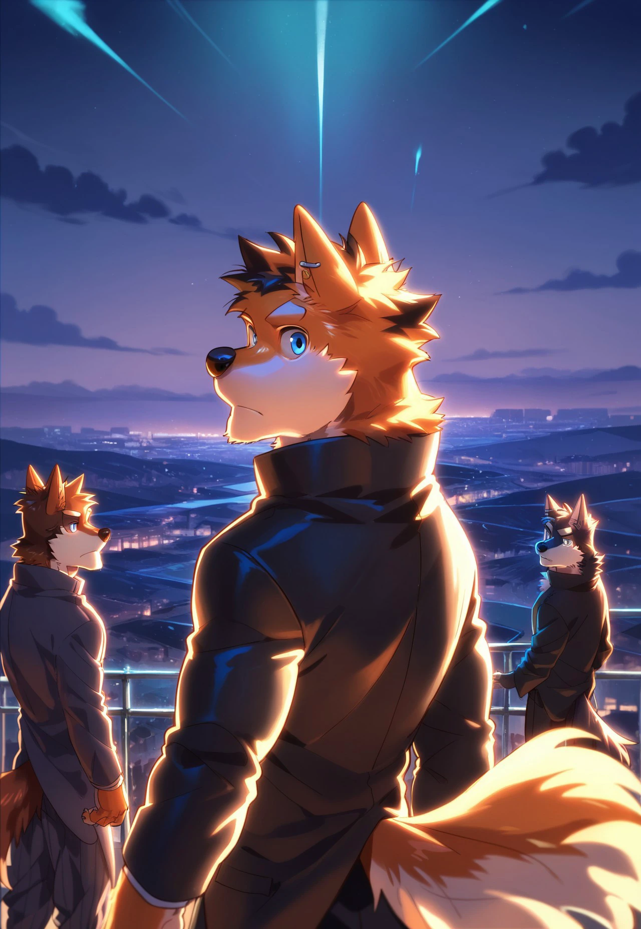 nviek, masterpiece, best quality, highly detailed, extreme detailed illustration, anime_coloring, score_9, score_6_up, score_8_up, score_7_up, masterpiece, 2boys, multiple boys, furry male, solo focus, ((wolf boy, blue eyes, black hair, looking back, earrings)), ((wolf boy, orange fur, blue eyes, looking back)), black jacket, cool, backlighting, night sky, shooting star, on hill, worry, outdoors. depth of view, professional shot, cowboy shot