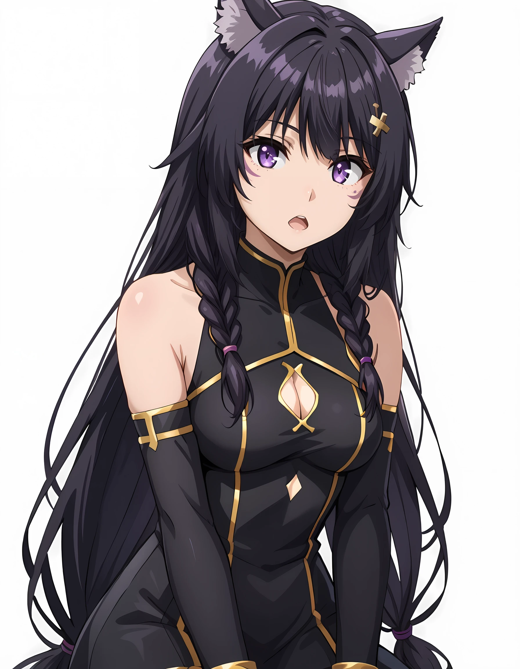 <lora:Delta:1>Delta_Eminence, 1girl, medium breasts, open mouth, cleavage cutout, face markings, braid, hair ornament, sitting, twin braids, detached sleeves, clothing cutout, looking at viewer, bare shoulders, black sleeves, dress, hairclip, elbow gloves, simple background