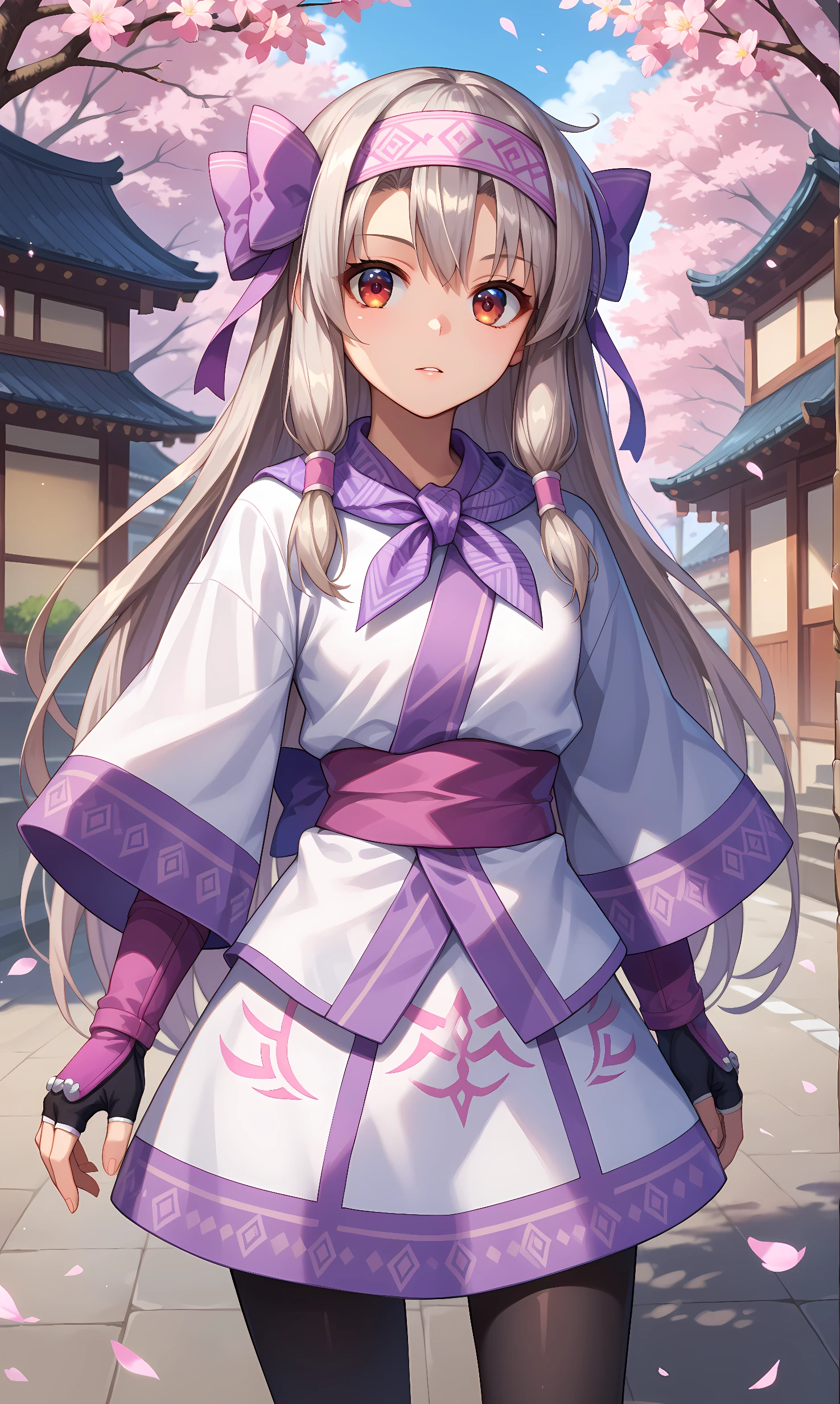 score_9, score_8_up, score_7_up, source_anime, 1girl, solo, outdoors, street, cherry blossoms, cowboy shot, standing, looking at viewer, shiny skin, sitonai, brown eyes, grey hair, very long hair, headband, purple bow, hair bow, ainu clothes, dress wide sleeves, sash, black gloves, fingerless gloves, black pantyhose, leg warmers, purple footwear, fur-trimmed boots, fur trim 