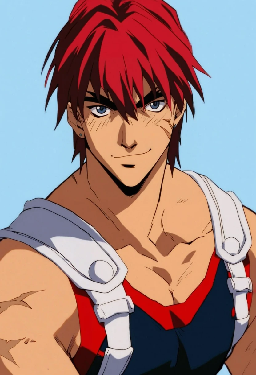 (masterpiece), (best quality), score_9, score_8_up, score_7_up, (masterpiece:1.2), (best quality:1.3), 1boy <lora:Gene_Starwind_Outlaw_Star-000005:0.8> gstar_ostr, red hair, scar, simple background, looking at viewer, portrait, masterful composition, dynamic movement