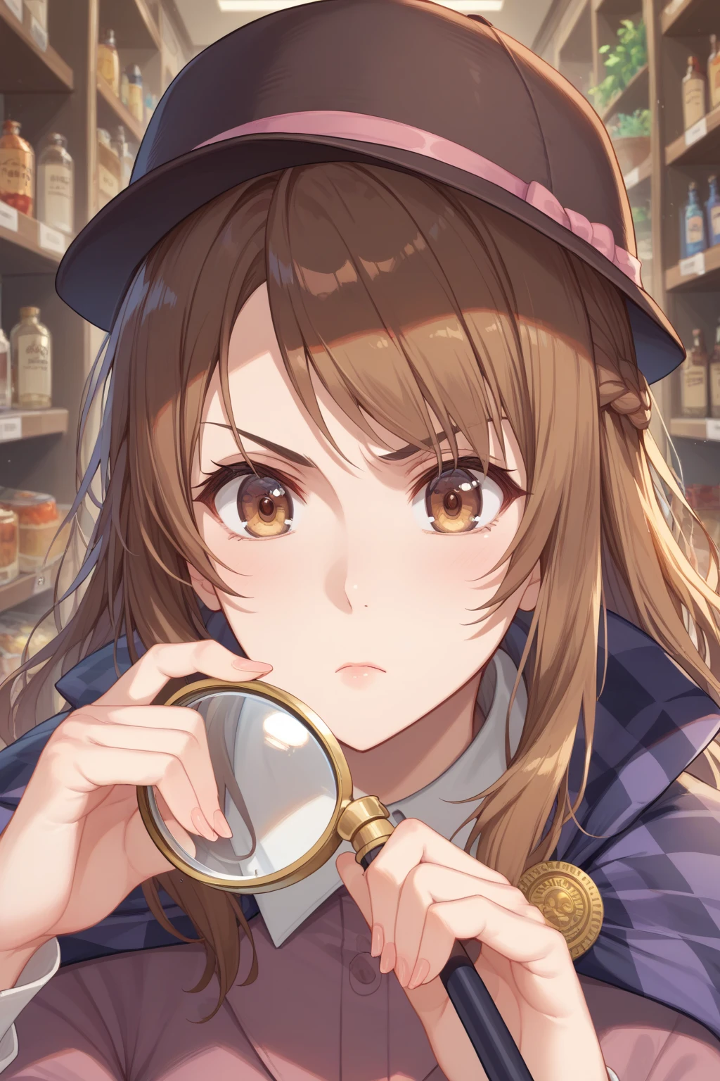 (score_9, score_8_up:1.1), score_7_up, high res image,masterpiece, mashiro aoi, 1girl, solo, brown hair, long hair, braid, brown eyes, detective outfit, sherlock hat, checkered cape, magnifying glass, serious, pov, jewelry shop