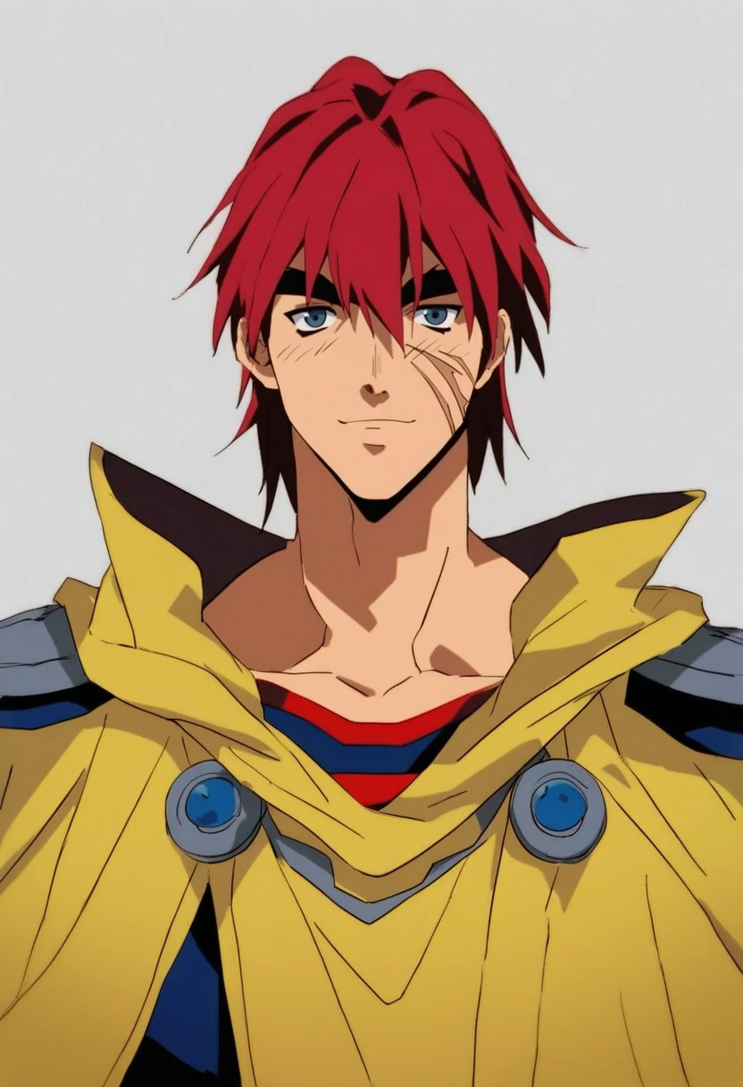 (masterpiece), (best quality), score_9, score_8_up, score_7_up, (masterpiece:1.2), (best quality:1.3), 1boy <lora:Gene_Starwind_Outlaw_Star-000005:0.8> gstar_ostr, red hair, scar, simple background, looking at viewer, portrait, shoulder armor, yellow cloak, masterful composition, dynamic movement