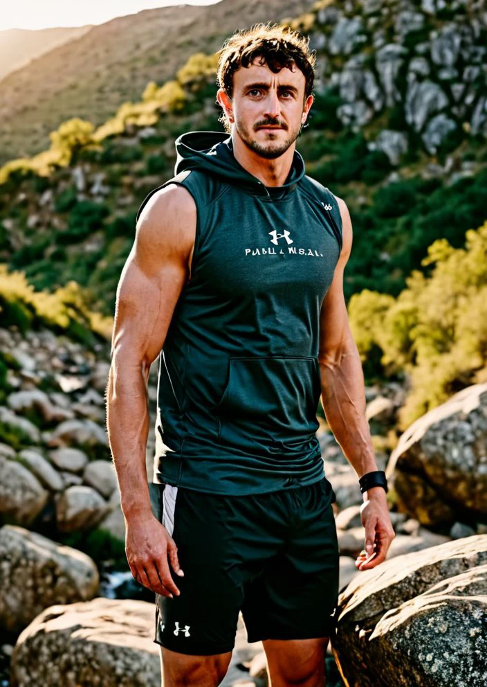 photo of Paul Mescal a man <lora:Paul-Mescal:0.9>, wearing a sleeveless well-fitted under armour hoodie and compression shorts, standing on a boulder, outdoor trail, 35mm photograph, film, bokeh, professional, 4k, highly detailed, creek in the background, natural lighting, golden hour