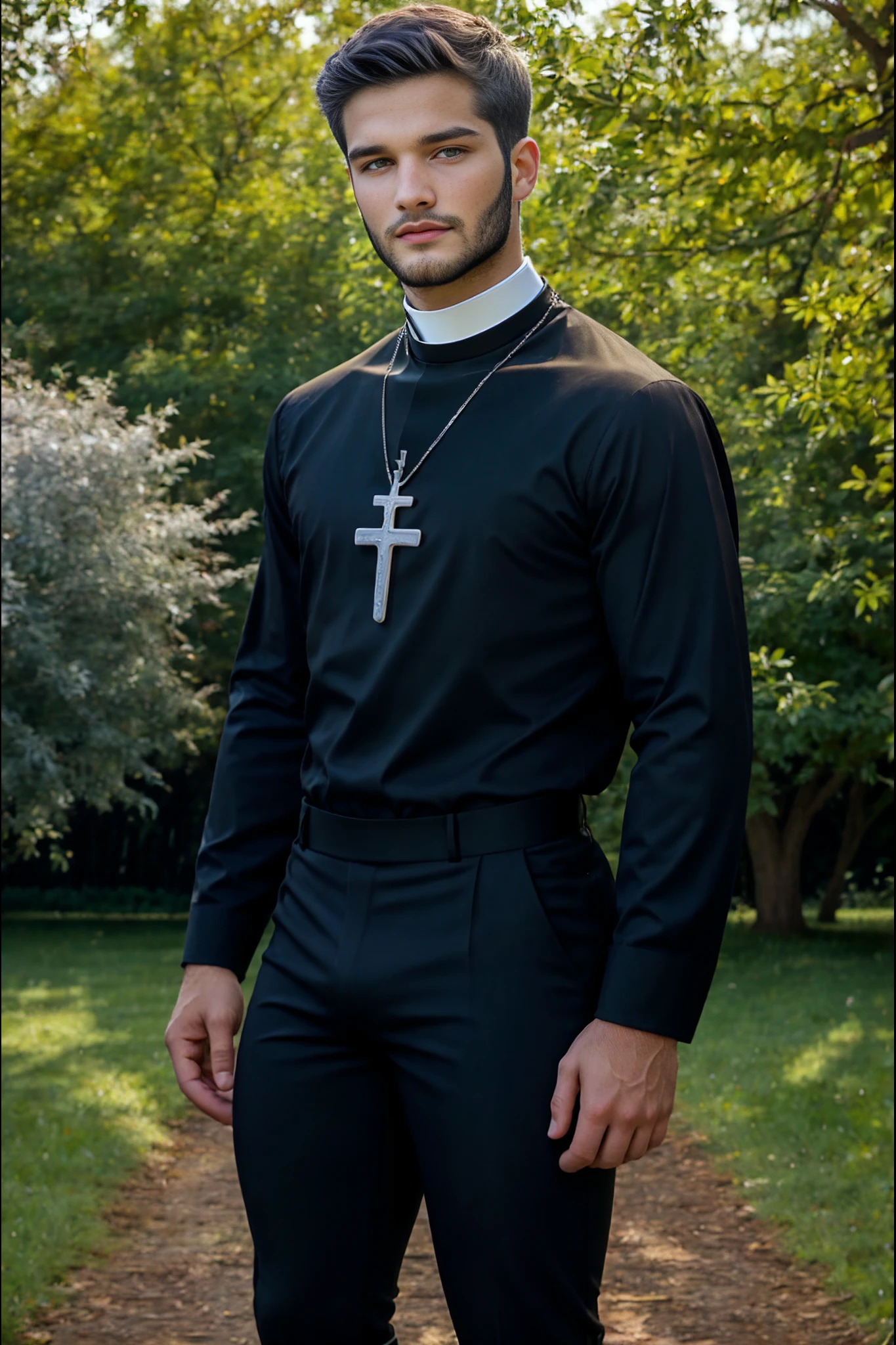 <lora:Father_Marco_Giordano_GV:1> 1 man, lovely light eyes, black hair, handsome young Italian priest wearing a black shirt and clerical collar, standing against tree on college campus, tight black pants, nice crotch bulge ((Silver Crucifix Necklace))