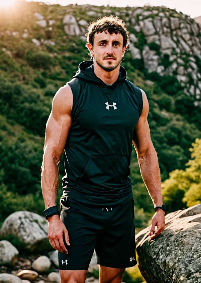 photo of Paul Mescal a man <lora:Paul-Mescal:0.9>, wearing a sleeveless well-fitted under armour hoodie and compression shorts, standing on a boulder, outdoor trail, 35mm photograph, film, bokeh, professional, 4k, highly detailed, creek in the background, natural lighting, golden hour