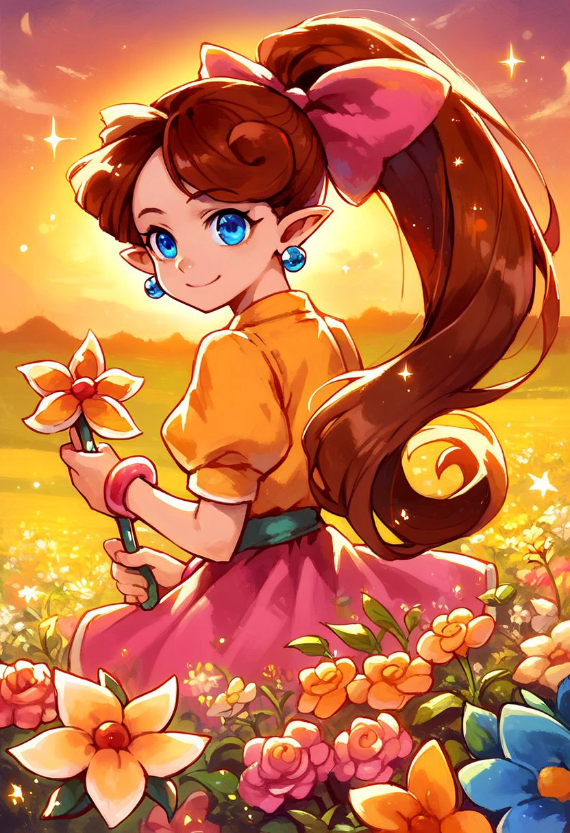 score_9, score_8_up, score_7_up, detailed, lip_panelpon, brown hair, blue eyes, ponytail, pointy ears, yellow shirt, pink skirt, pink bow, smile, bracelet, earrings, shoes, holding wand, flower field, cinematic, sunset, bokeh, close-up