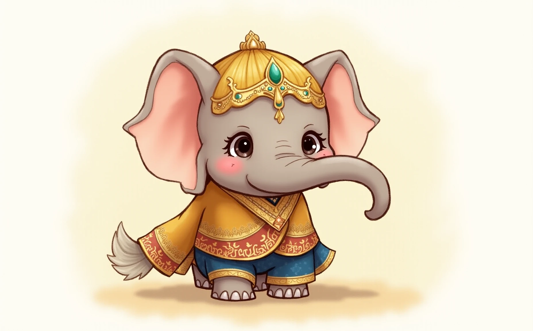 <lora:pghaa:1> A charming illustration of an animal, such as an elephant, wearing traditional Thai clothing with intricate designs. The outfit is rich in vibrant colors like gold, red, and royal blue, adorned with traditional Thai patterns and embroidery that reflect the elegance of Thai culture. The animal has a gentle, noble expression, combining cultural heritage with a playful twist. The background is minimalist to focus on the animal and its attire, with soft, warm lighting highlighting the details of the luxurious fabric.