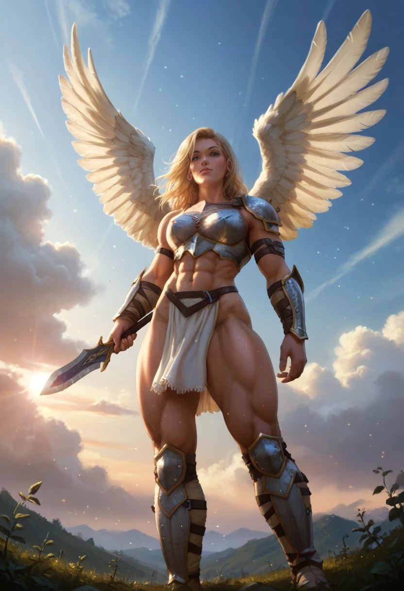 5pr1nkl3, score_9, score_7_up, score_6_up, 1girl, tall, muscular female, blonde hair, Valkyrie armor, wings, fying, sky, clouds, pose, backlighting, from below, particles,