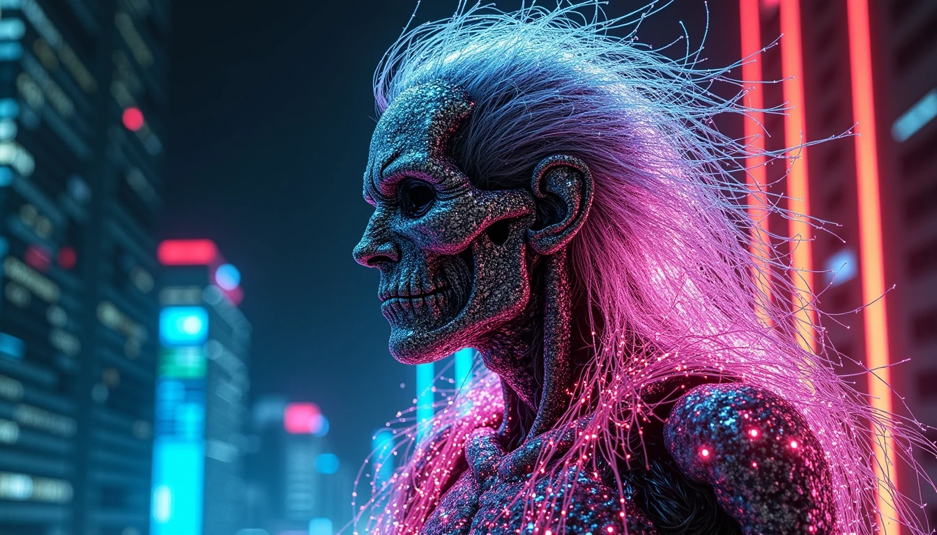 In a technologically advanced futuristic world there is a half-human half-necromonger being, the human part, however, is covered entirely instead of the hair by optical fiber that interfaces with various other parts of the body, he wears a biomechanical suit made up of luminescent fiber optic wires also with the various colors of neon.