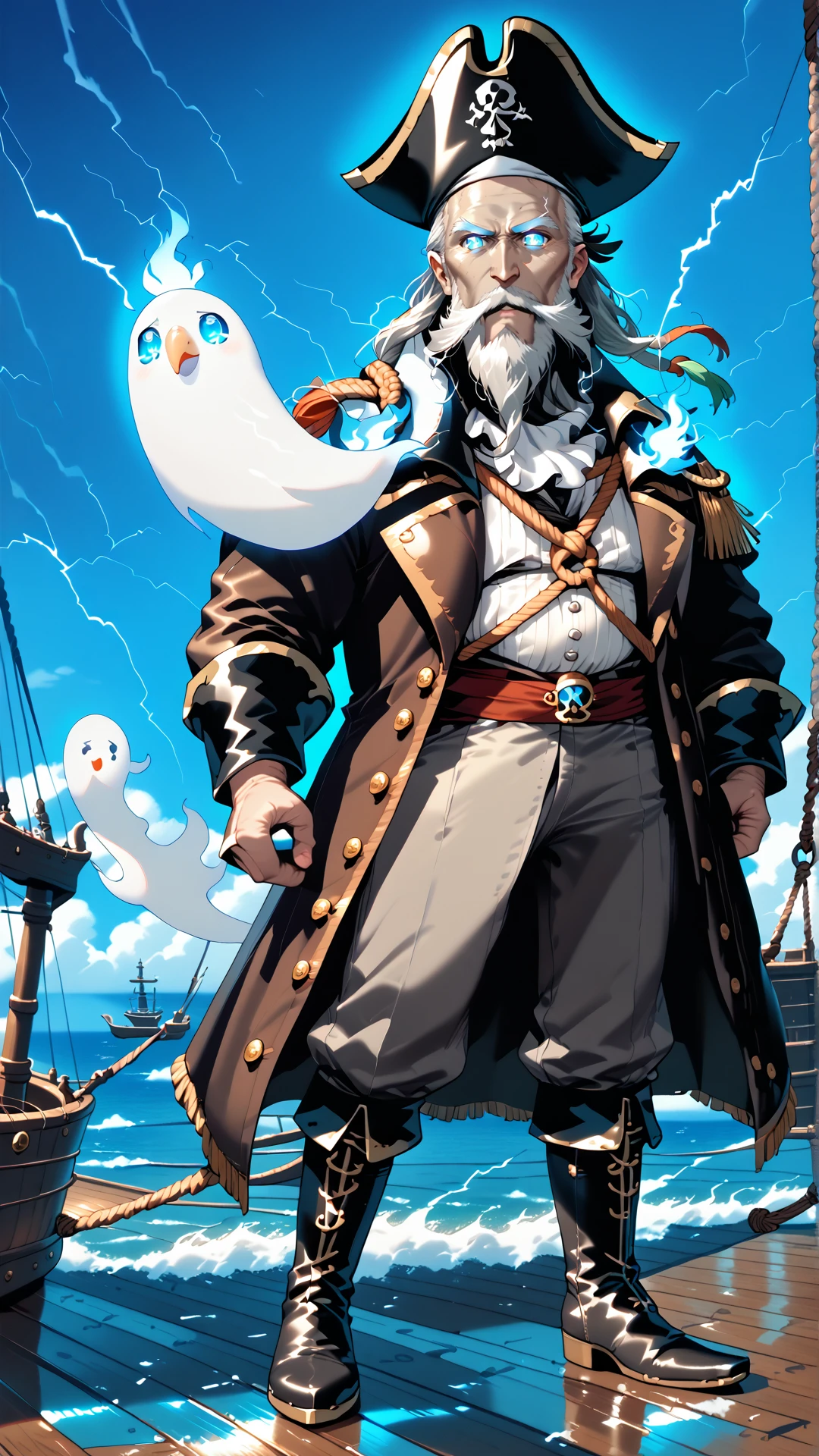 sjsartstyle, 2d, (zPDXL2), cowboy shot, dynamic pose, dynamic angle, webtoon, anime, centered, perfect hands, 1man, long coat, (gray skin:1.5), old man, mature, male focus, long beard, ghost pirate, black pirate hat, ghost parrot on shoulder, blue flames, shining blue flaming eyes, chill aura, ship, storm, lightning in the sky, onboard, wooden floor, sails, ropes, boots <lora:sd_xl_dpo_lora_v1:1>, <lora:OMG-Is-DucHaiten_v1.0:0.1>, <lora:sjsartstyle pony:1>