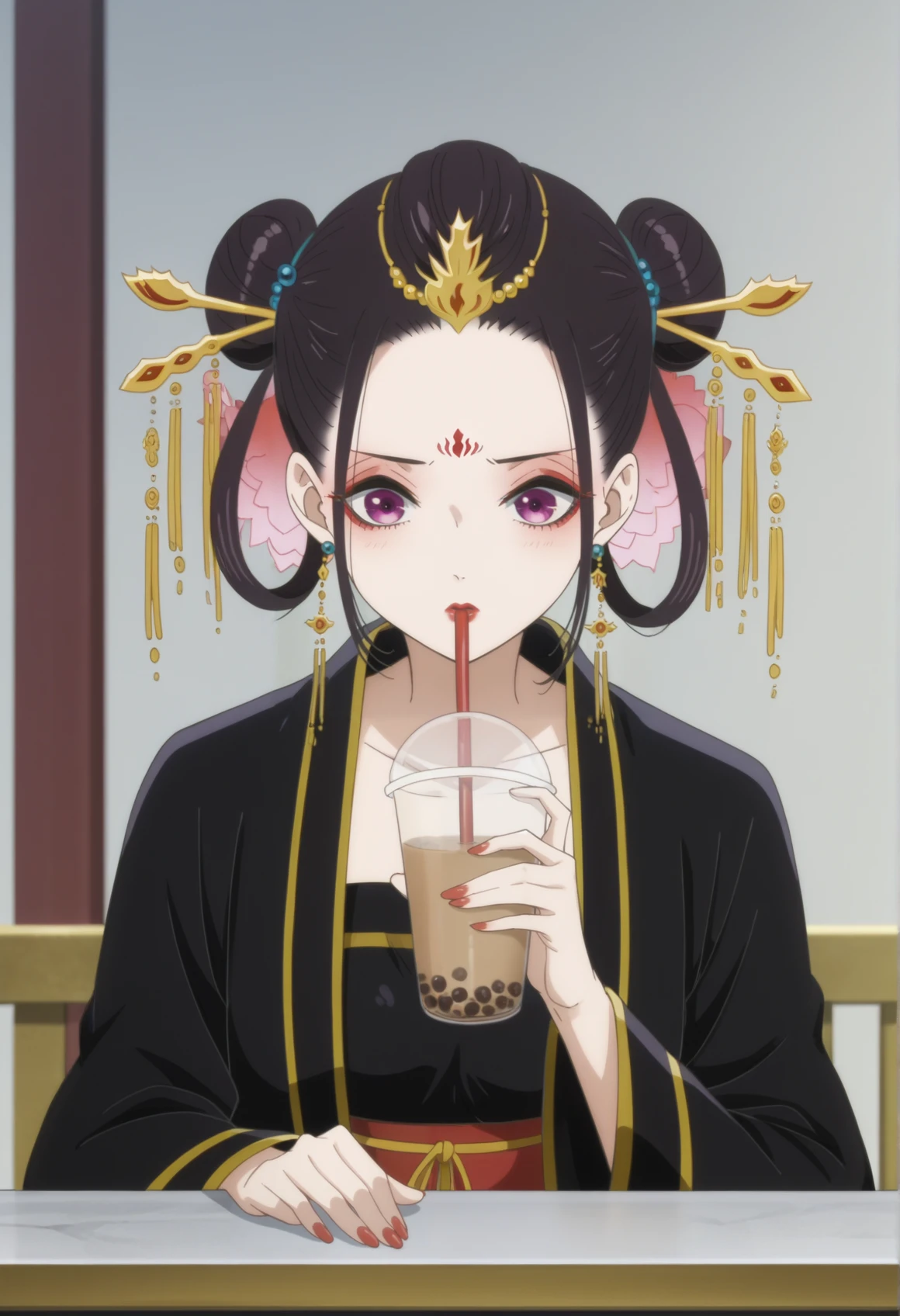 anime screencap, 1girl, black hair, purple eyes, sidelocks, double bun, hair rings, chinese hairpin, hair ornament, forehead mark, hair flower, makeup, eyeshadow, lipstick, eyeliner, jewelry, chinese clothes, black dress, bubble tea challenge, drinking straw <lora:raven_inner_palace:1>, score_9, score_8_up, score_7_up, score_6_up, score_5_up, score_4_up, BREAK source_anime, masterpiece