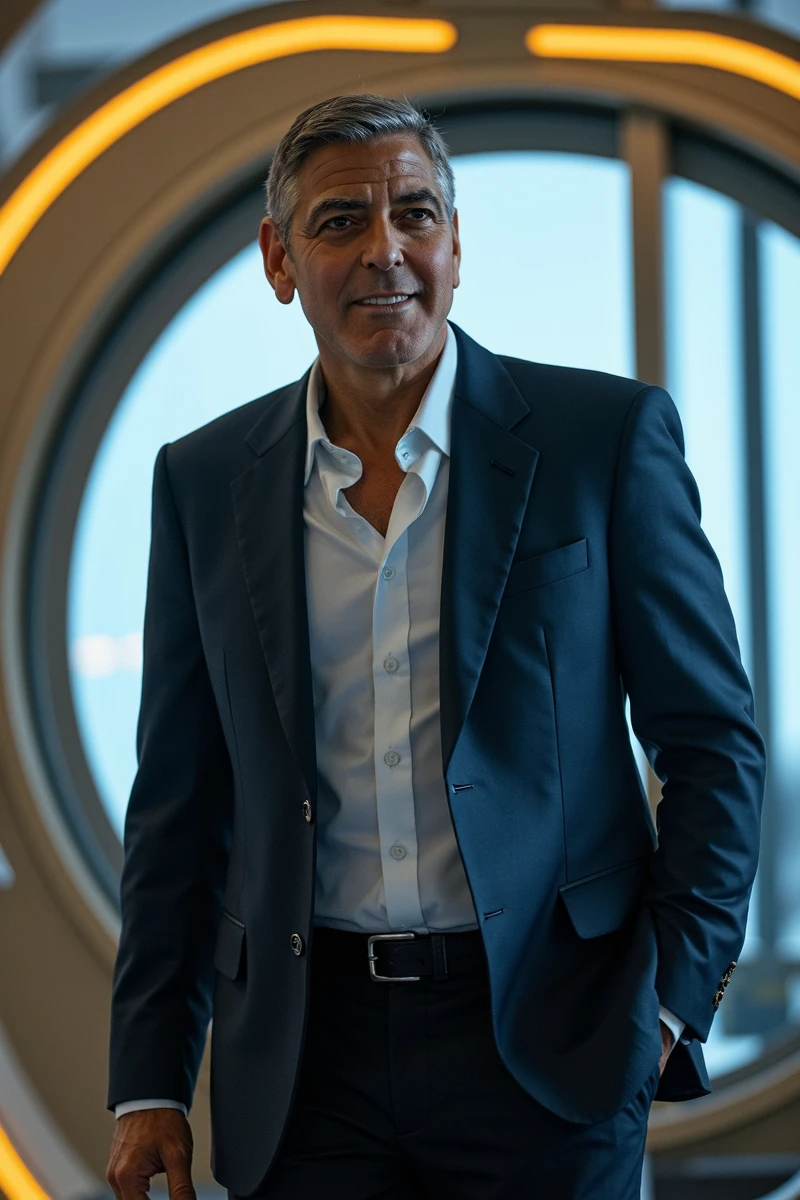 A 49 yo fresh man (george clooney) , lifelike  face in focus , shaved beard , confident happy eye contact , teasing the viewer , ultra high detailed skin texture, delicate face contours , wear a suit , cloogeo , is a captain on a space ship, standing on the cocpit of a space ship, with neon leds, beige walls, modern short hair with style, light and shadow play, 