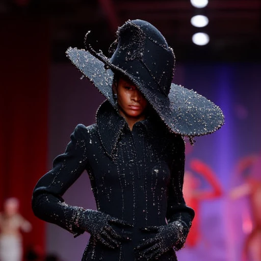 The image is a high-fashion runway photograph taken at a fashion show. The main subject is a model walking down a runway with a vibrant background. She is wearing a striking, form-fitting, black gown that appears to be covered in small, shimmering sequins or rhinestones, giving it a luxurious, glittering texture. The dress has a high neckline and long, wide sleeves with intricate, raised embellishments., haute couture, high fashion, fashion photography, paris fashion week, hat