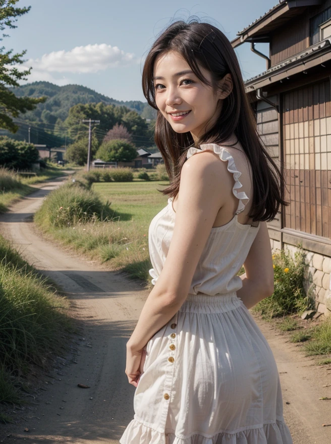 <lora:ReaLora:0.5> (realistic, photorealistic:1.37),
1girl, asian, looking at viewer, smile, cute japanese female,
cowboy shot, standing, sleeveless, dress, frilled skirt,
<lora:JP_Countryside-v1:0.6> jpcs, outdoors, path