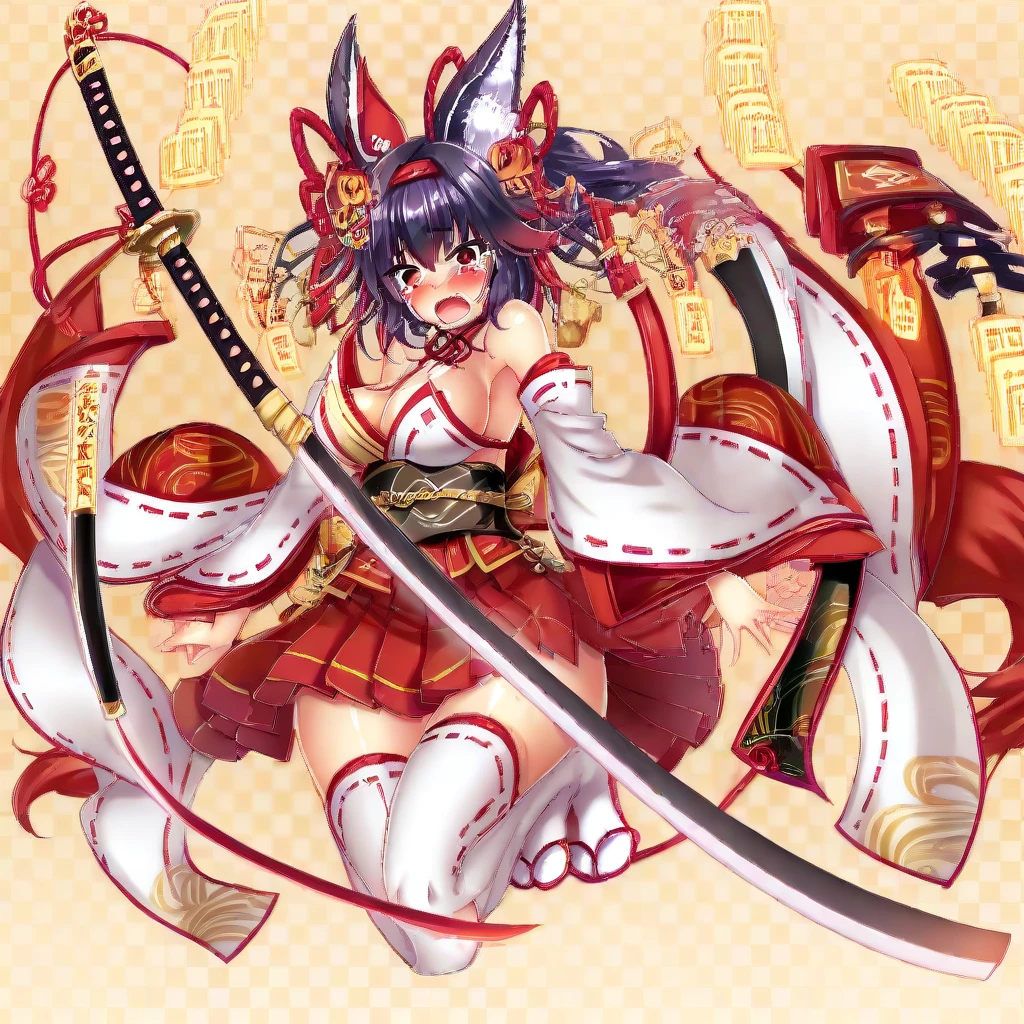 red eyes, solo, bare shoulders, red hair, animal ears, tears, katana, sword, blush, hair ornament, breasts, giselle, thighhighs