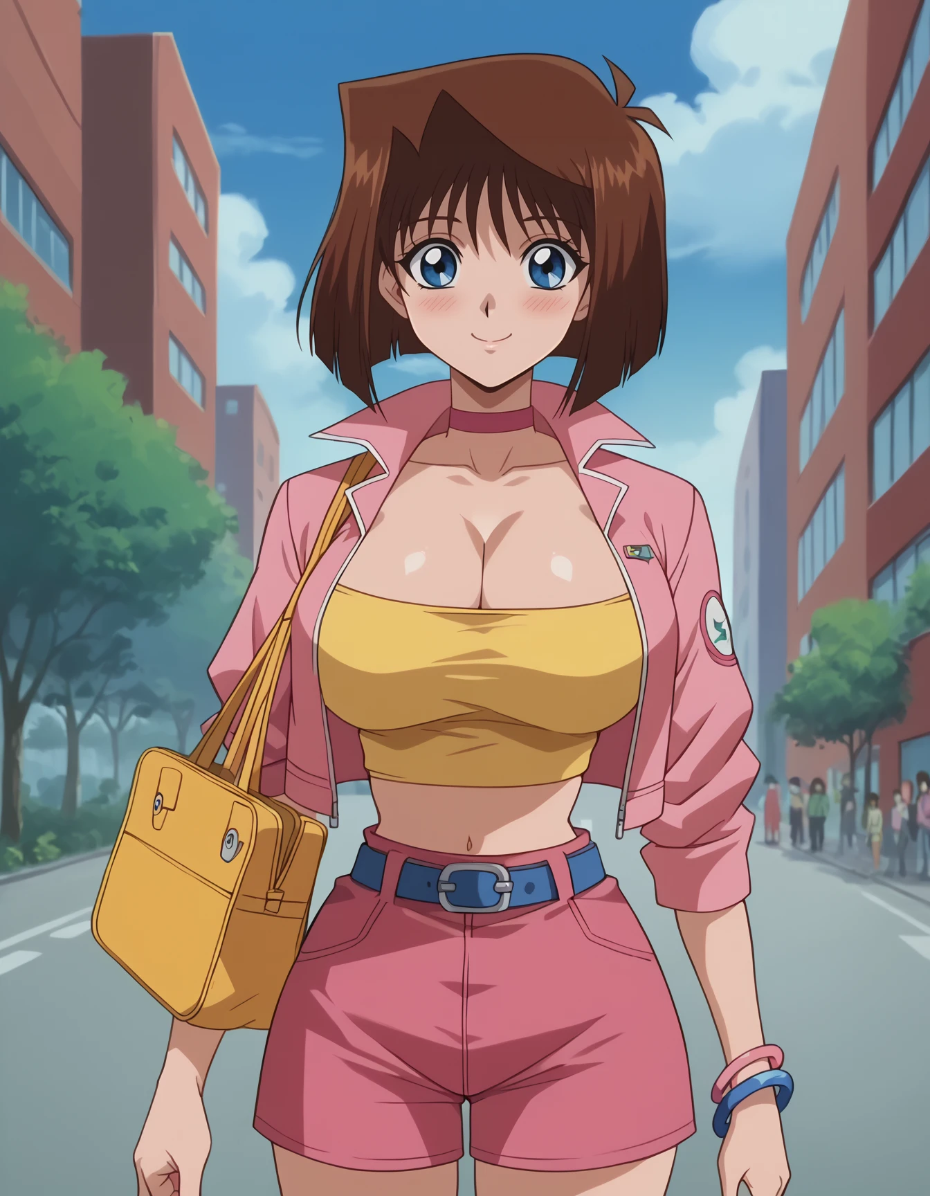 <lora:Anzu_MazakiPonyXL:0.7>, score_9, score_8_up, score_7_up, score_6_up, source_anime, anime screencap, BREAK, uncensored, brown hair, short hair, blue eyes, athletic sexy body, slim waist, huge breasts, anzumazakispe,short baby pink jacket, yellow strapless tube top, pink shorts, blue belt, black thigh-high, pink choker, cleavage, outdoors, city, sky, clouds, standing, blush, smile, bracelets, belly button, lora:Anime_Screencap:1>, <lora:PerfectEyesXL:1>, <lora:thicc_v1.4-pony:1>, one strap yellow purse, upper body