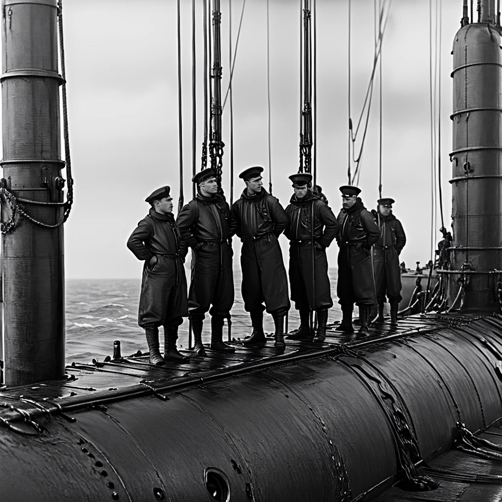 <lora:1900s_Drama_MovieSDXL:1> ArsMovieStill, movie still from a 1900s drama movie, The image shows a group of men standing on top of a submarine in the ocean with a chain and pole visible in the background. The image is in black and white giving it a timeless quality., greyscale, monochrome, watercraft, multiple boys, ship, hat, military, boat, male focus, ocean