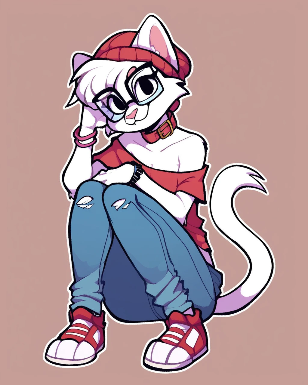 score_9_up, score_8_up, score_7_up, score_6_up, by remanedur, cat, short hair, furry female, female, furry, black eyes,  red collar, bracelet, glasses, rectangular glasses, white body, white fur, white hair,  ears through headwear, looking at viewer, solo, smile, happy, three-quarter view, head tilt, beanie, red beanie, off shoulder, jeans, torn jeans, tail, sneakers, simple background, white outline, <lora:PDXL_artist_tags_v2_big:0.2> <lora:Gaby_senorkah:0.5>