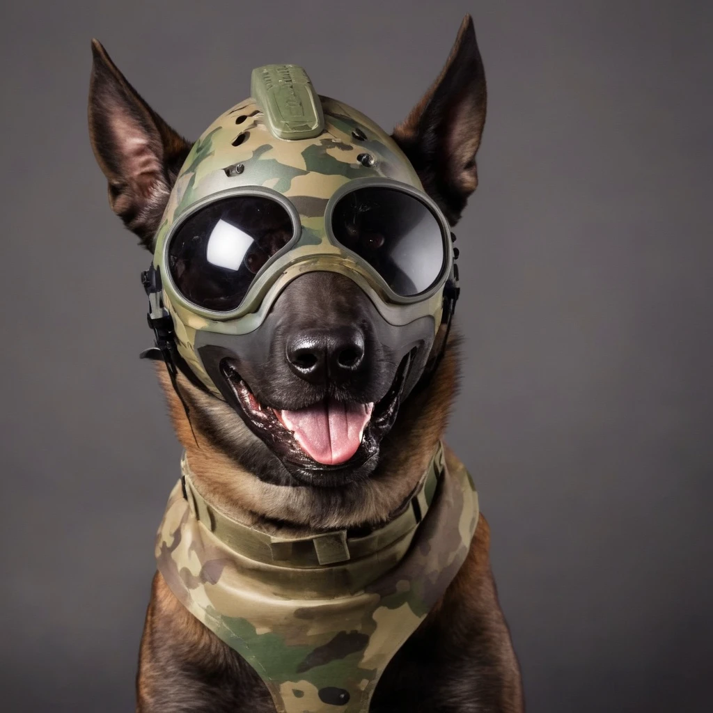 belgian malinois wearing a camouflage helmet,  <lora:K9-muzzle:1>,