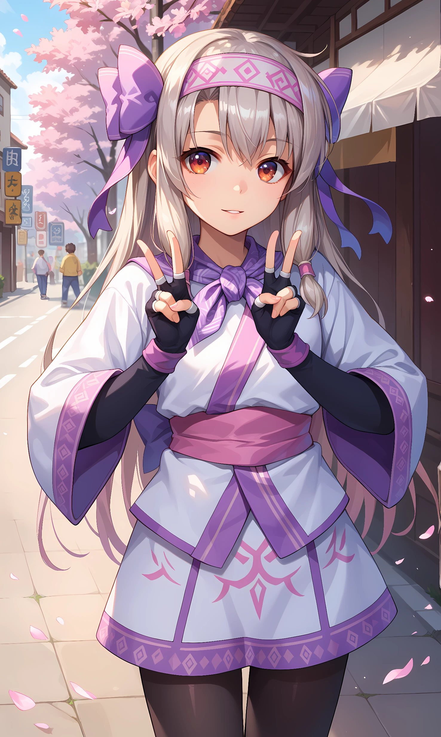 score_9, score_8_up, score_7_up, source_anime, 1girl, solo, outdoors, street, cherry blossoms, cowboy shot, standing, looking at viewer, shiny skin, sitonai, brown eyes, grey hair, very long hair, headband, purple bow, hair bow, ainu clothes, dress wide sleeves, sash, black gloves, fingerless gloves, black pantyhose, leg warmers, purple footwear, fur-trimmed boots, fur trim, close-up, double v