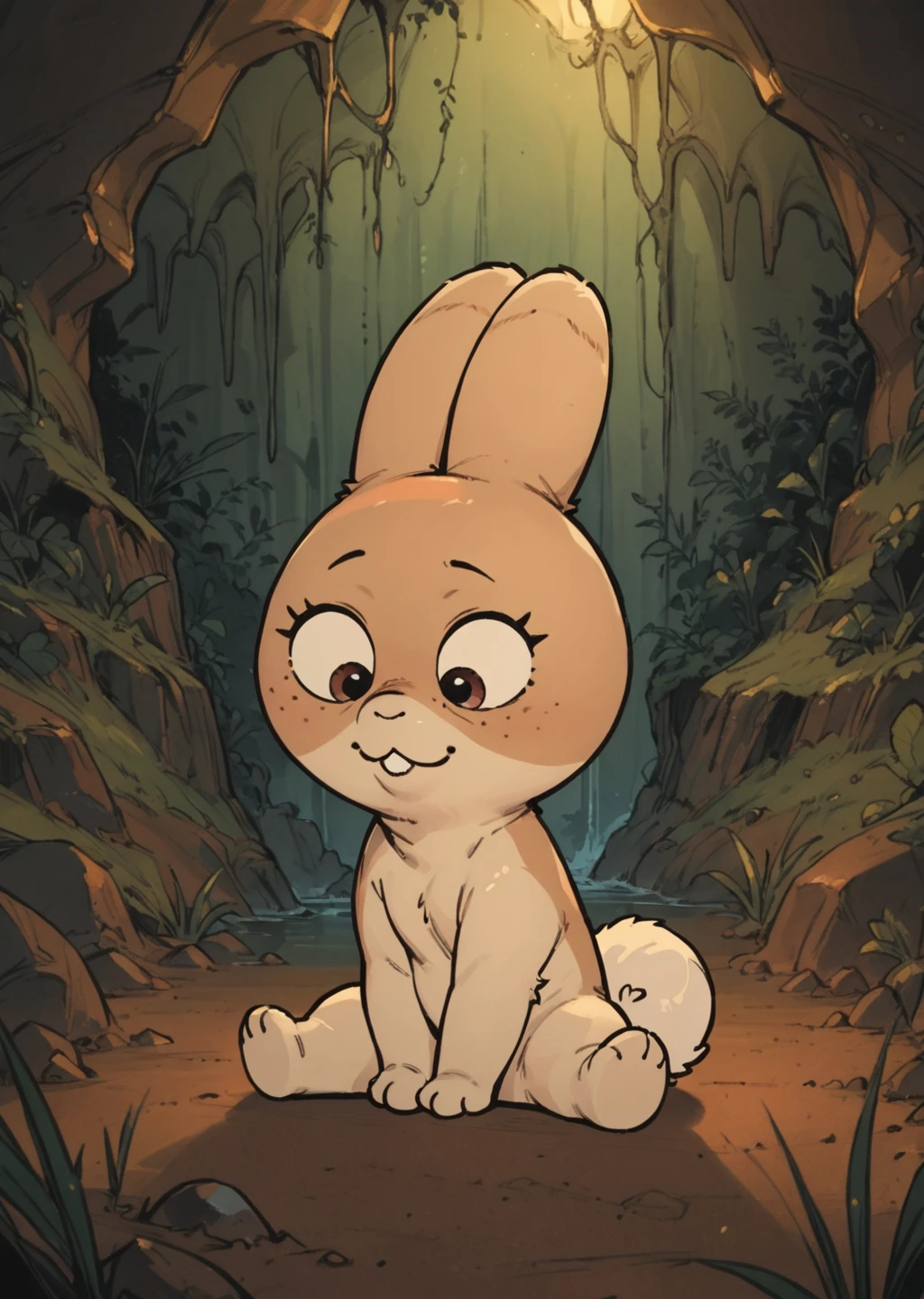 score_9, score_8_up, score_7_up, score_6_up, score_5_up, score_4_up, cute female furry burrowbunny, sitting, cave, source_furry <lora:Bunny_Burrow_Pony-000010:0.8> burrowbunny, two toned fur, solo