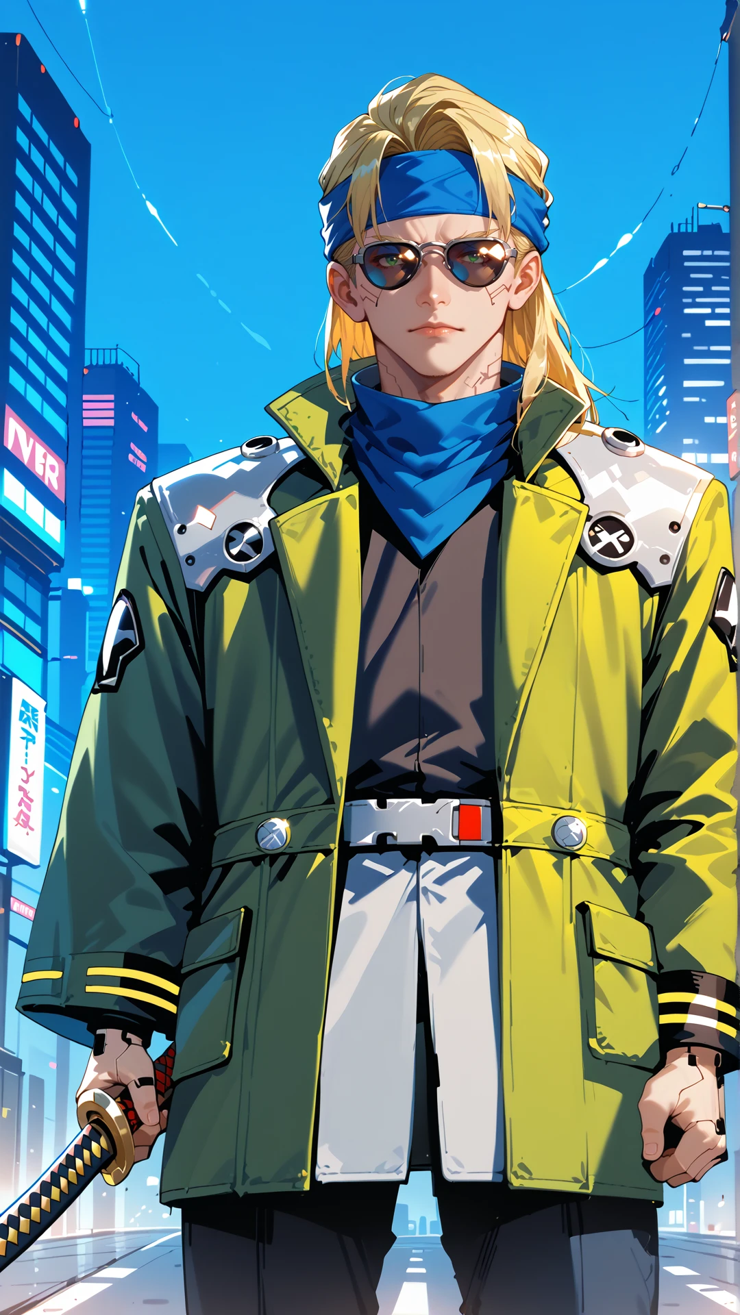 sjsartstyle, 2d, (zPDXL2), cowboy shot, dynamic pose, dynamic angle, webtoon, anime, centered, solo, perfect hands, 1boy, 1man, holding sheltered katana, black sunglasses, bandana, blonde long hair, young, techwear, green long coat, silver prosthetics, shoulder armor, cyber samurai, outdoors, at night, cyberpunk city street, <lora:sd_xl_dpo_lora_v1:1>, <lora:OMG-Is-DucHaiten_v1.0:0.1>, <lora:sjsartstyle pony:1>