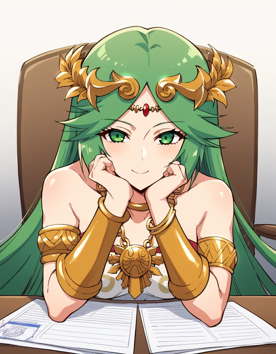 score_9, score_8_up, score_7_up, source_anime, <lora:palutena-trailer-ponyxl-lora-nochekaiser:1>, palutena, long hair, bangs, very long hair, green eyes, green hair, parted bangs,, dress, bare shoulders, jewelry, necklace, white dress, strapless, tiara, strapless dress, armlet, neck ring, gold,, office, desk, computer, chair, paperwork, smile, <lora:the-pose-ponyxl-lora-nochekaiser:1>, the pose, on stomach, feet up, lying, soles, feet, legs up, head rest, barefoot, looking at viewer, solo,, dutch angle, cowboy shot