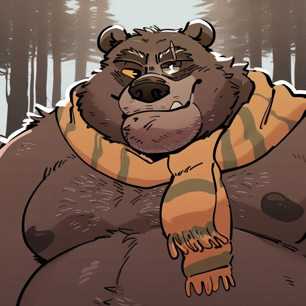 score_9, score_8_up, score_8, furry, Papa Bear, bear, eye scar, yellow scarf, cartoon style, 2d, overweight male, fat, moobs, face close up, upper body focus, solo, looking at viewer, smug expression, forest background