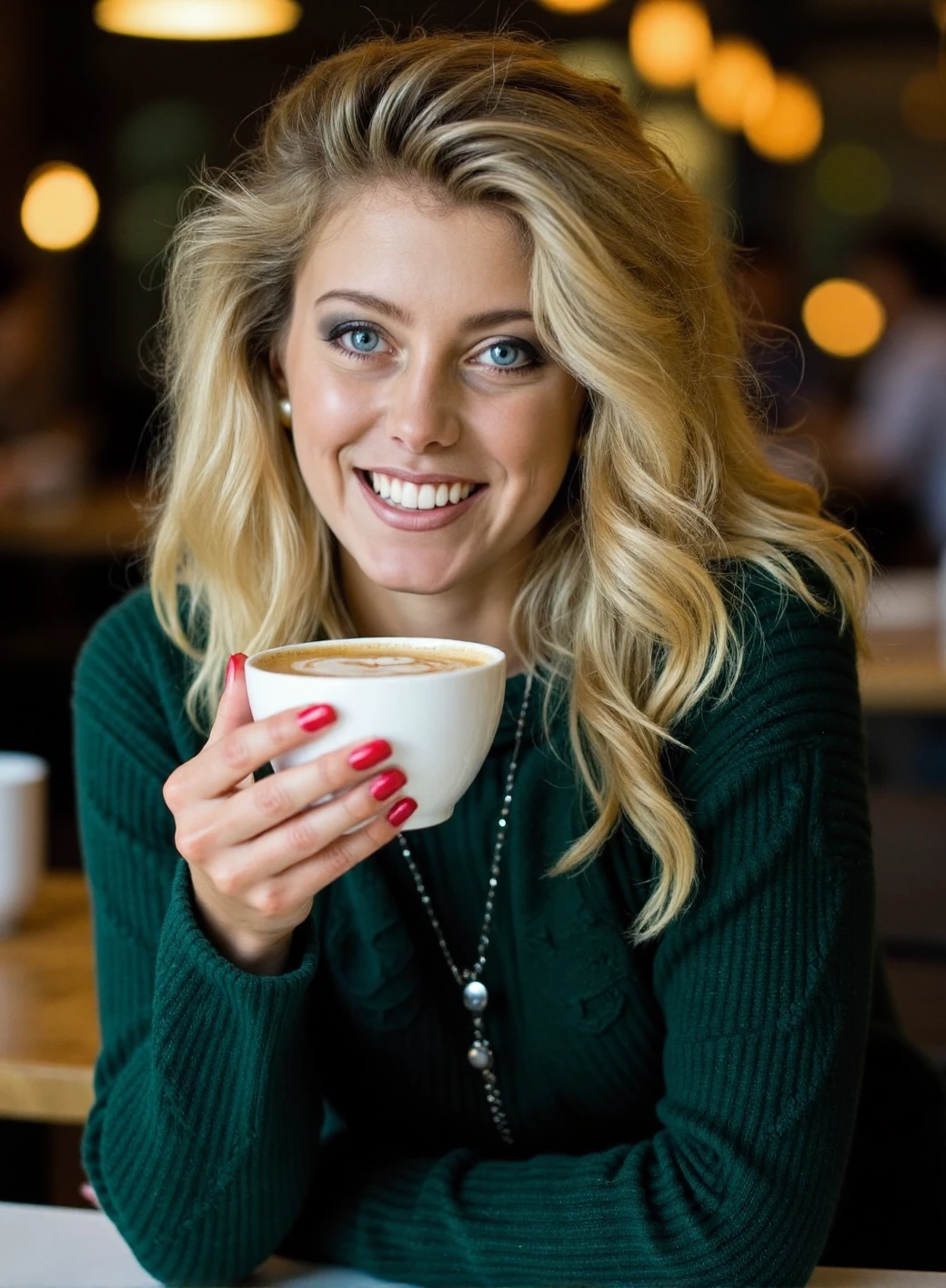 A professional photograph of a young woman, Helen_Labdon with blonde hair, wearing a dark green cable-knit sweater, holding a latte in a cafe, detailed skin, bokeh, female focus, SFW <lora:Helen_Labdon:1>