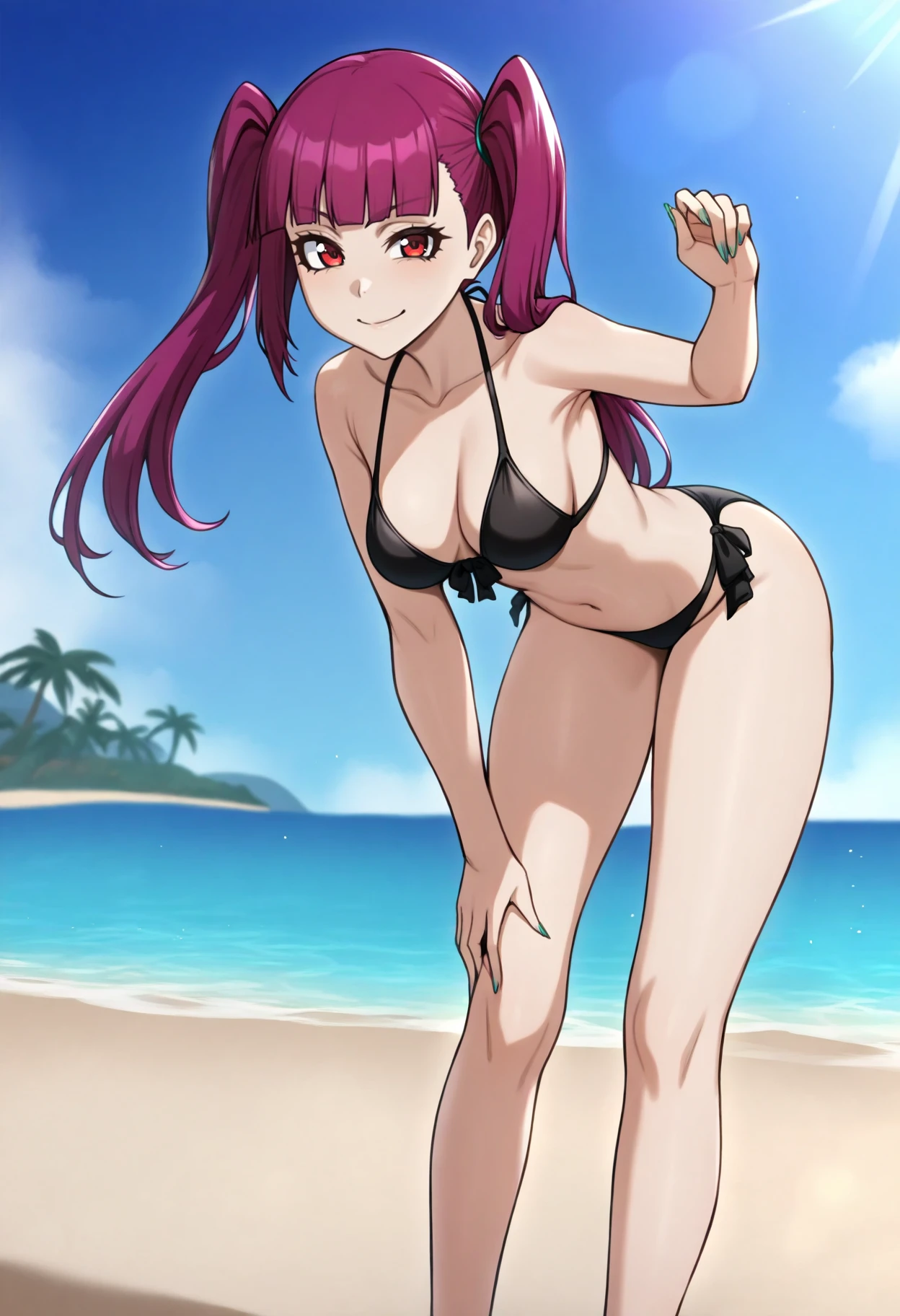 best quality, amazing quality, very aesthetic, absurdres,
1girl, rirukadokugamine, purple hair, twintails, long hair, red eyes,
bikini,
smile, solo, looking at viewer, sea, sand, blue sky, tropical island background    <lora:RirukaDokugamineIllustriousXL_byKonan:1>