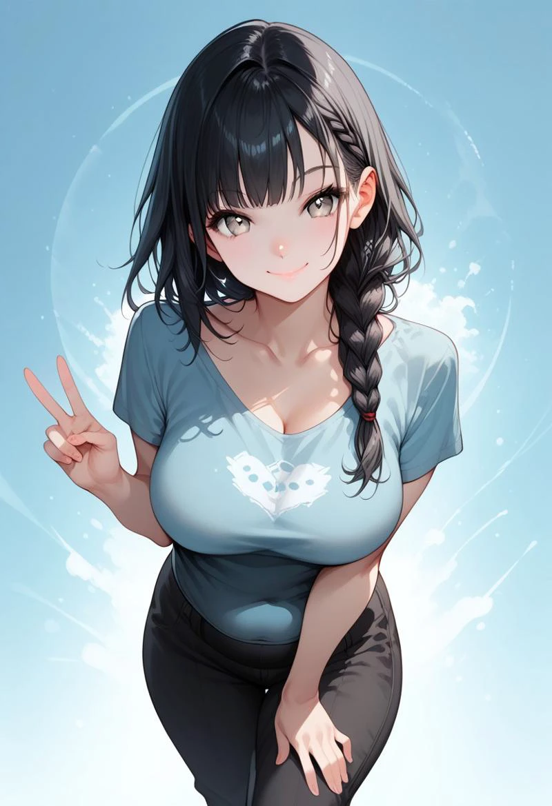 score_9, score_8_up, score_7_up, score_6_up, rating_questionable, 1girl, Sammy, SammyRH, cute face, long braided hair, black hair, grey eyes, detailed eyes, large breasts, chubby, pale skin, HD32k, dynamic pose, aesthetic, perspective, solo, detailed, sensual look, shy face, smiling, closed mouth, cyan printed t-shirt, black pants, v gesture, abstract background