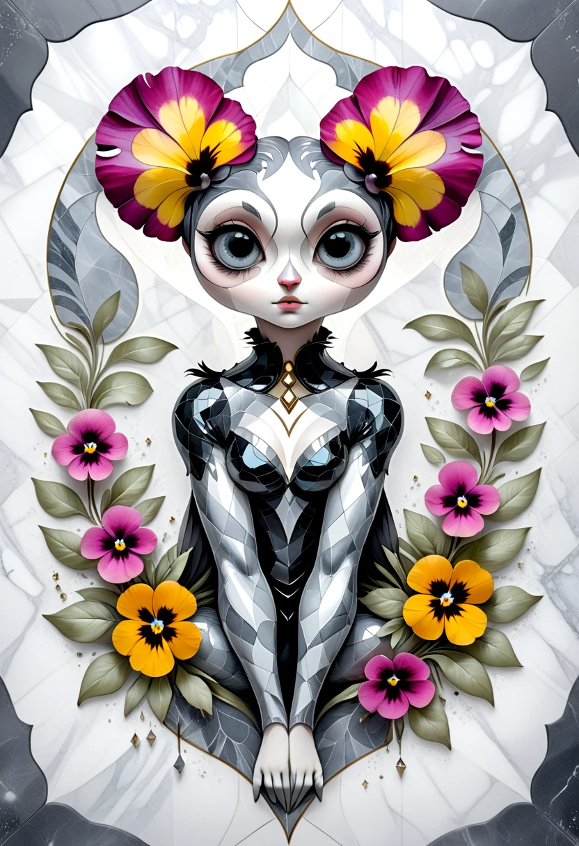 female floral print, pansy, rosy cheeks, digital paint, canvas, baroque style, Raised Texture, shades of gray, marble pattern, fine art effect, sparkle accents, radial symmetry, pebbled leather texture, embossed finish <lora:artfully_ANIMIST:0.8>, alcohol ink, surrealism style, geometric animal print, abstract animal print