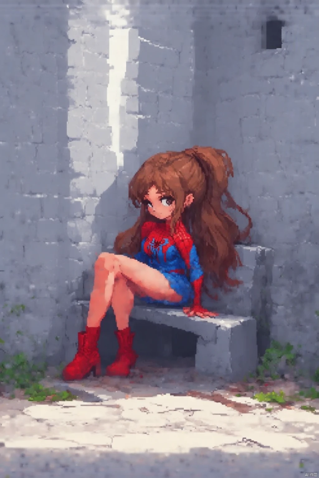 Pixel-art,a cartoon girl with long brown hair,wearing a spiderman costume and red boots,is sitting on a gray stone bench. The girl's costume is reminiscent of a spider-man costume,with a blue and red shirt underneath. Her hair is tied in a ponytail,adding a pop of color to the scene. The background is a gray brick wall,with white lines running across it,creating a stark contrast to the gray wall.