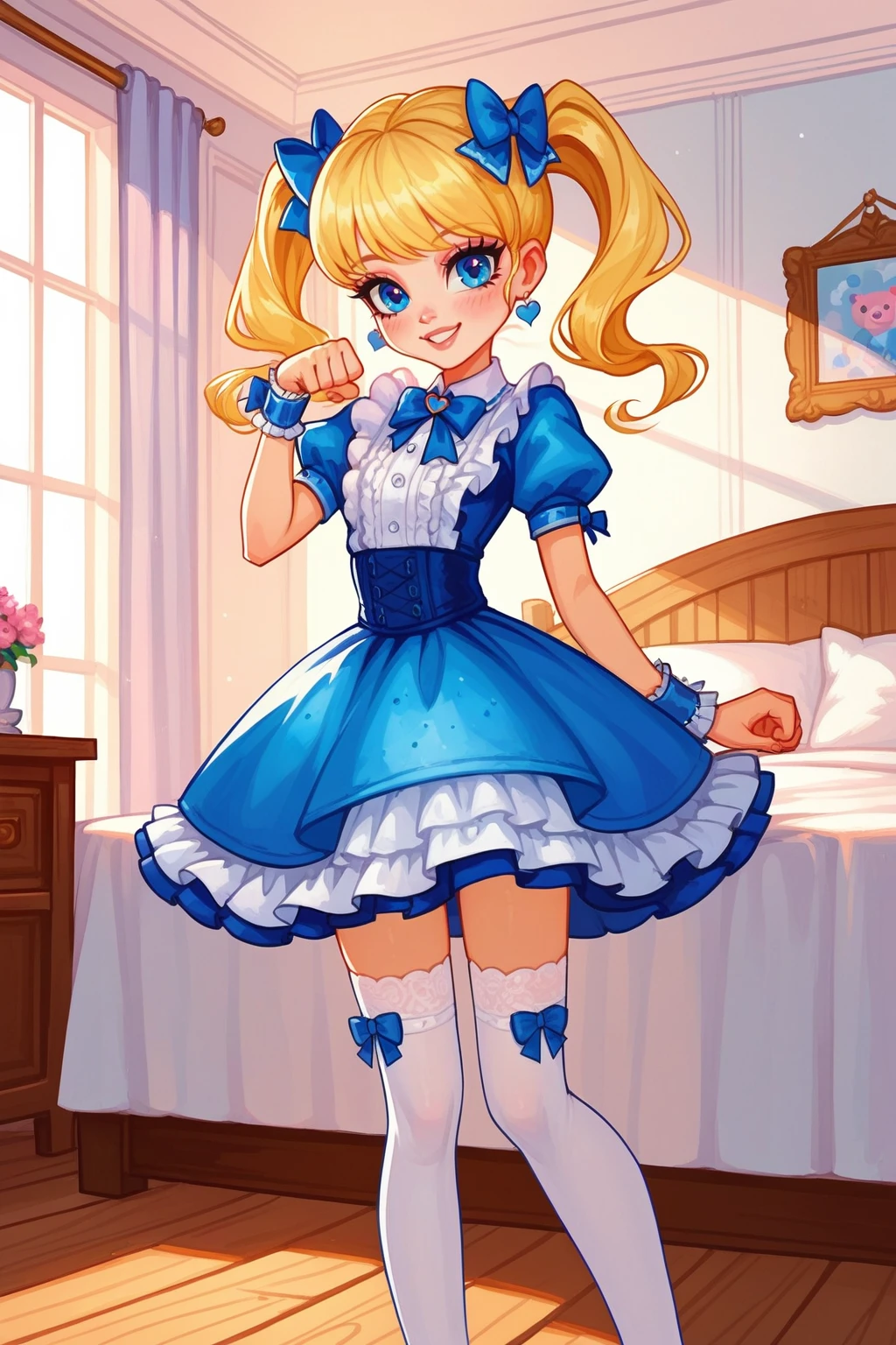 score_9, score_8_up, score_8, <lora:mh:1>, monsterhigh, 1girl, thighhighs, solo, dress, white thighhighs, twintails, bow, blonde hair, indoors, frilled dress, blue eyes, frills, blue dress, hair bow, bed, bedroom, smile, puffy short sleeves, blue bow, paw pose, teddy bear, long hair, wooden floor, standing, heart, wrist cuffs