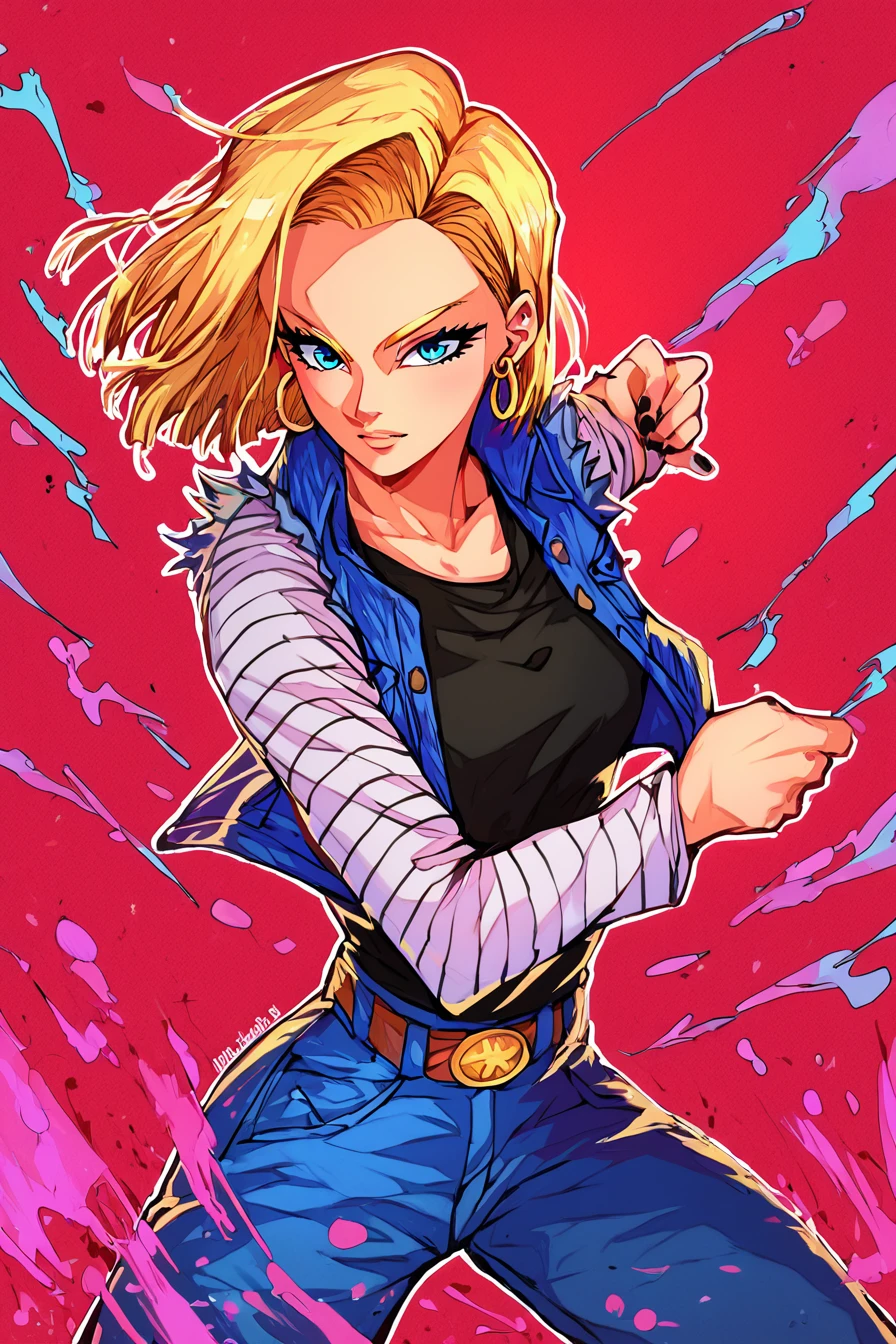 score_9, score_8_up, score_7_up, score_6_up, score_5_up, score_4_up, <lora:android-18-ponyxl-lora-nochekaiser:0.8> ,android 18, blonde hair, blue eyes, eyelashes, hoop earrings, short hair, earrings, <lora:ThatOnePanda_style:1>, 1girl, thatonepanda_style, solo, alone, masterpiece, highres, fighting stance