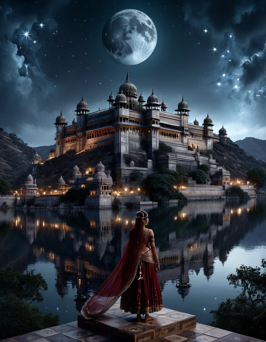 2D Game art, Neutral palette, Iridescent and dark red ral-vhstp, Supersized, Udaipur in background, detailed, masterpiece, Fairy-Tale, Starlight, 50mm, Colorless, Pixabay, artstation, ornate, moody, <lora:ral-vhstp:1>, fine detail, confident, cinematic perfect intricate stunning fine detail, highly intricate, surreal, striking, sublime