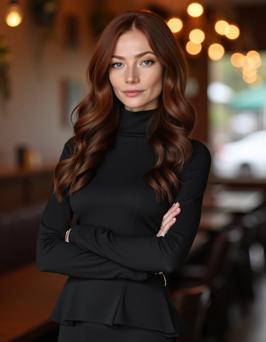 <lora:Clara_Paget_Flux:1>  beautiful detailed photograph,  hair cascading over her shoulders,  Wearing an elegant turtleneck dress, standing in a cafe