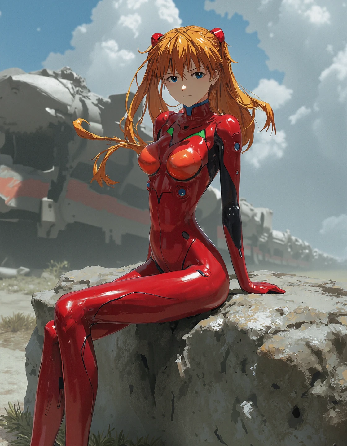 asuka langley, young slender woman wearing a red bodysuit, sits elegantly on the rock, bright blue eyes, auburn hair, floating long twintails, machinery in the background
 <lora:dnstl2:1.2> DNSTL <lora:Asuka_Flux:0.5> <lora:evangelion_asuka_langley_flux_v1_2:0.5>